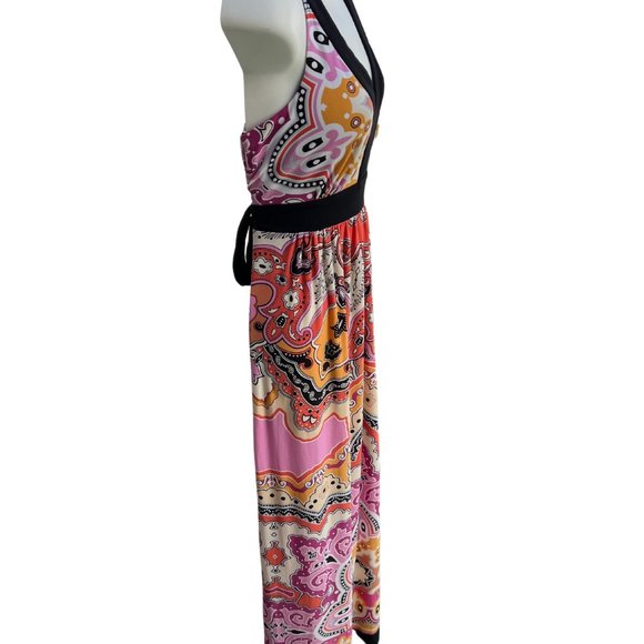 Eci New York Sleeveless V-Neck Floral Print Maxi Dress Pink/Black Multi Size 6 - Picture 4 of 10